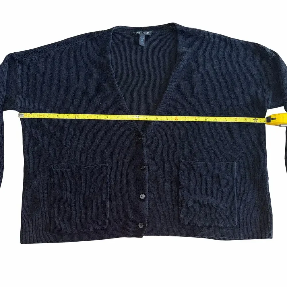 Eileen Fisher Organic Linen Cotton Blend Black Cardigan XL Oversized Open V-Neck - Picture 6 of 9